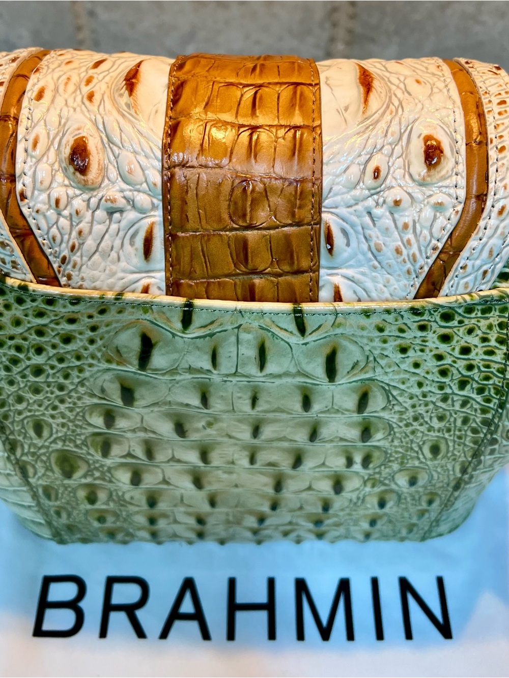 Brahmin Green and White Croc-Embossed Satchel with Gold Hardware - Picture 3 of 13